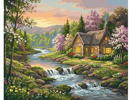 Domek w kwitnącym ogrodzie 40x50 cm malowanie po numerach