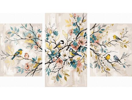 Śpiewy ptaków na gałęziach Tryptyk 70x120 cm malowanie po numerach