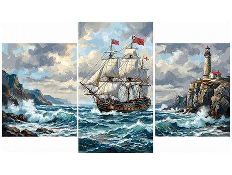 Okręt na burzliwych falach Tryptyk 70x120 cm malowanie po numerach