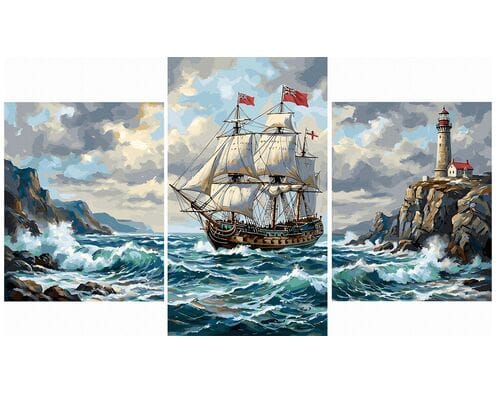 Okręt na burzliwych falach Tryptyk 70x120 cm