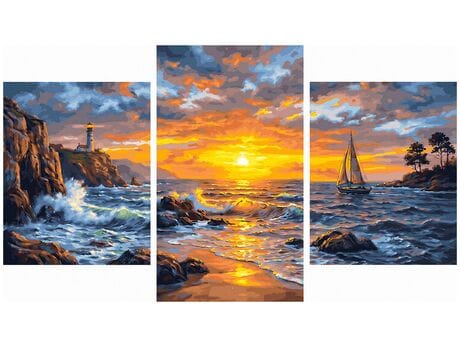 Zachód słońca nad kamienistym wybrzeżem Tryptyk 70x120 cm malowanie po numerach