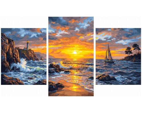 Zachód słońca nad kamienistym wybrzeżem Tryptyk 70x120 cm