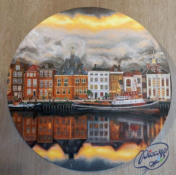 Miasto w Płomieniach Zachodu 40x40 cm na okrągłej ramie